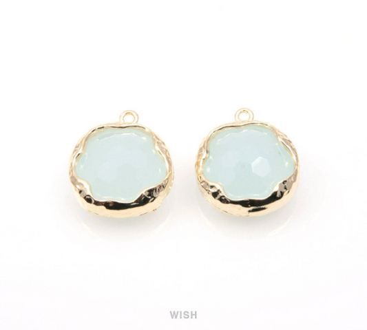 Alice Blue Faceted Glass Charms in Gold, Framed Round Pendant / GABG-090-P (Small)