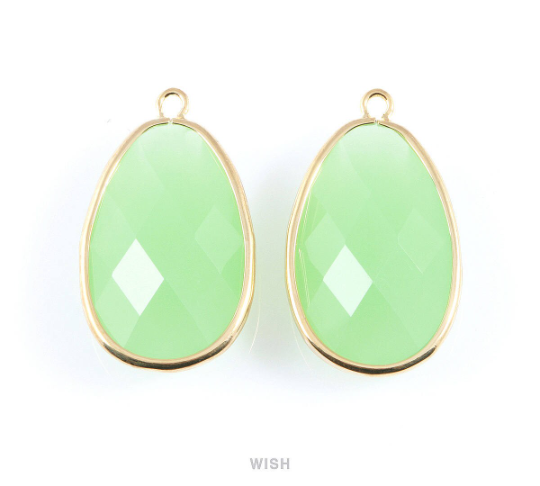 Light Mint Oval Glass Charm in Gold, Glass Framed Pendant / GLMG-045-P