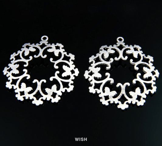 Round Oriental Pendants in Matte Rhodium, Butterfly Theme Charms / MMRH-124-P