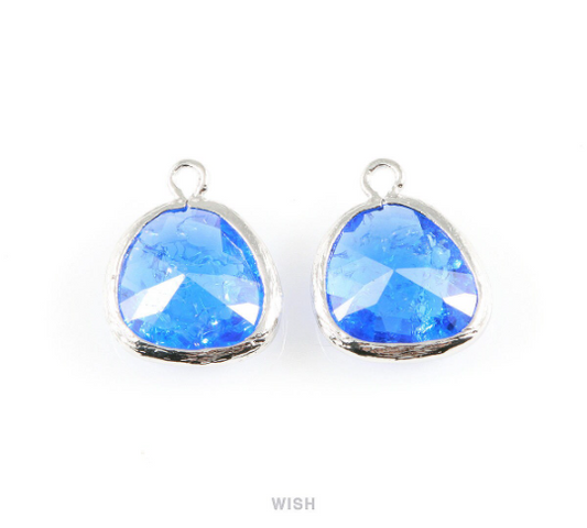 Cobalt Blue Sparkle Glass Charm in Rhodium, Framed Drop Glass Bead / GCTRH-013-P