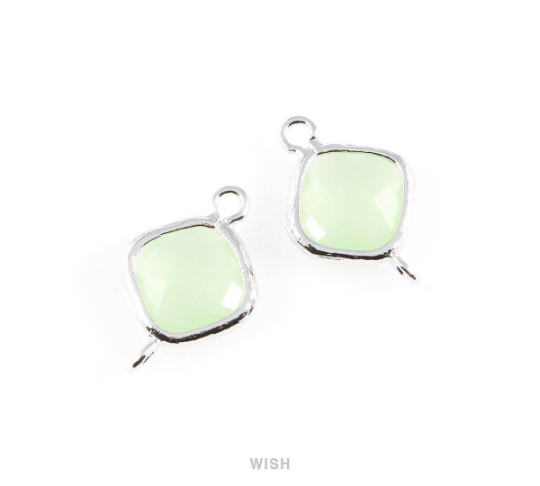 Light Mint Rhombus Glass Connector in Rhodium, Framed Rhombus Connector / GLMRH-021-P