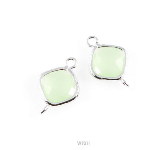 Light Mint Rhombus Glass Connector in Rhodium, Framed Rhombus Connector / GLMRH-021-P
