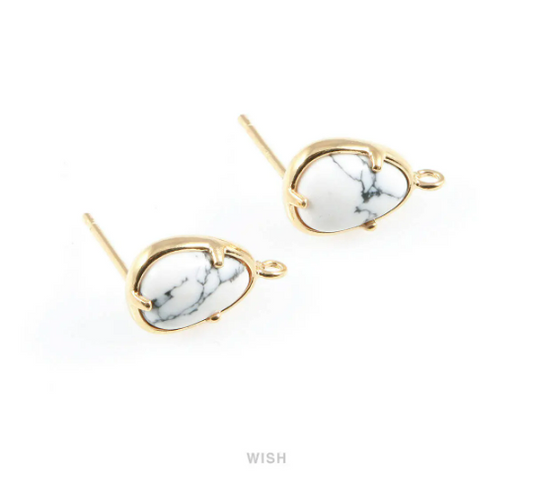 Howlite Teardrop Stone Earrings in Gold, Gemstone Framed Ear Post / SHTG-068-E