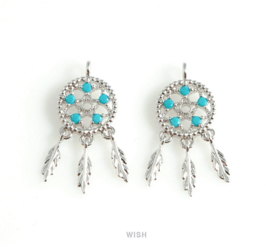 Turquoise Dreamcatcher Pendants in Rhodium, Dreamcatcher Charm / MRH-441-P