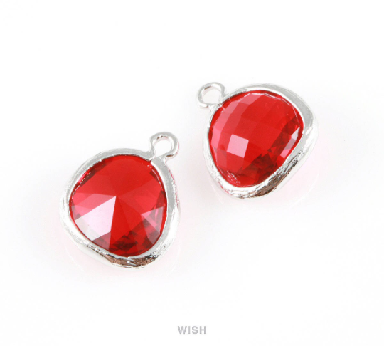 Garnet Faceted Glass Charm in Rhodium, Framed Drop Glass Gem / GGNRH-004-P