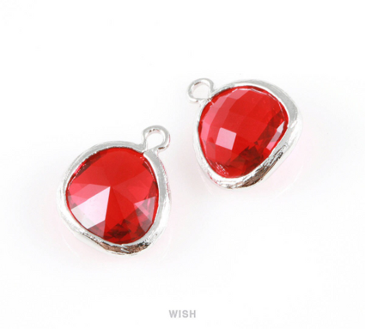 Garnet Faceted Glass Charm in Rhodium, Framed Drop Glass Gem / GGNRH-004-P