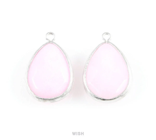 Pink Synthetic Stone Charms in Matte Rhodium, Framed Teardrop Pendant / SPKMRH-010-P