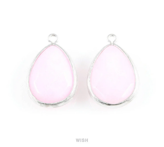 Pink Synthetic Stone Charms in Matte Rhodium, Framed Teardrop Pendant / SPKMRH-010-P