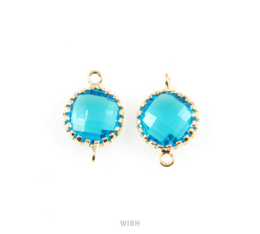 Capri Blue Faceted Glass Connector in Gold, Framed Round Connector / GCBG-008-P