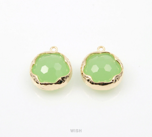 Light Mint Faceted Glass Charms in Gold, Framed Round Pendant / GLMG-090-P (Small)
