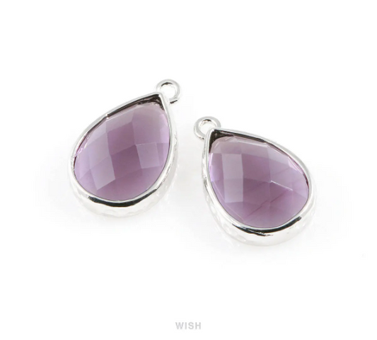 Amethyst Teardrop Glass Charm in Rhodium, Framed Drop Glass Gem / GTZRH-037-P