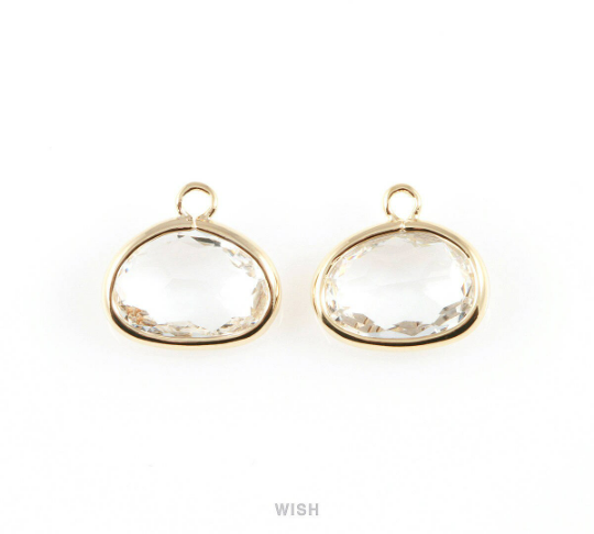 Clear Oval Glass Charm in Gold, Glass Framed Pendant / GCLG-039-P