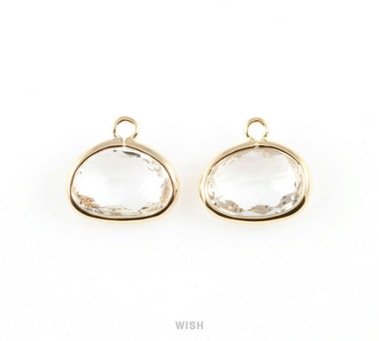 Clear Oval Glass Charm in Gold, Glass Framed Pendant / GCLG-039-P
