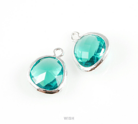 Blue Zircon Faceted Glass Charm in Rhodium, Framed Drop Glass Gem / GBZRH-004-P (Medium)