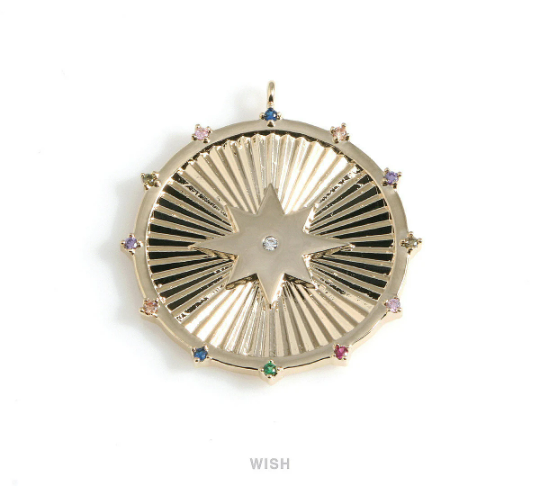 Large Gold Star Shine Disc with Multi Color Birthstones, Star Coin Charm / MG-429-P2