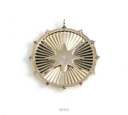 Large Gold Star Shine Disc with Multi Color Birthstones, Star Coin Charm / MG-429-P2