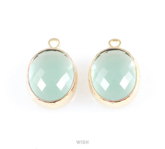 Erinite Faceted Glass Charms in Gold, Framed Oval Pendant / GERG-009-P