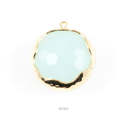 Alice Blue Faceted Glass Charms in Gold, Framed Round Pendant / GABG-011-P