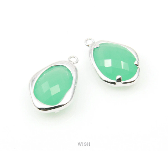 Mint Faceted Glass Charms in Rhodium, Framed Teardrop Pendant /GMTRH-085-P