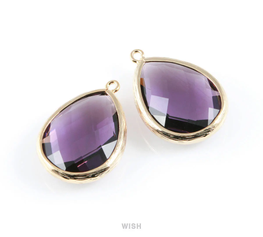 Amethyst Teardrop Glass Charm in Gold, Framed Drop Glass Gem / GTZG-044-P