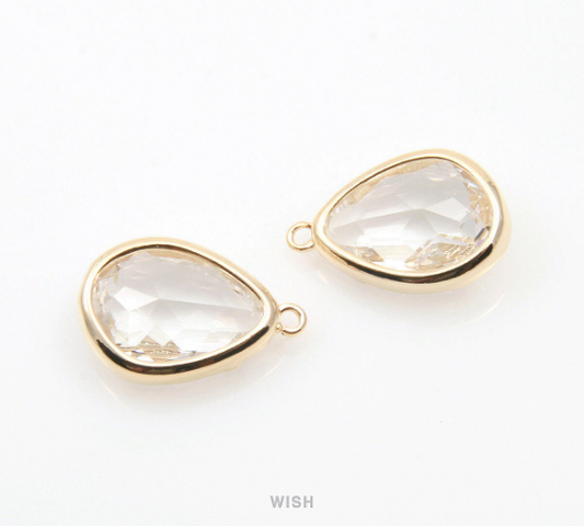 Clear Drop Charm in Gold, Crystal Drop Framed Pendant / SCLG-112-P