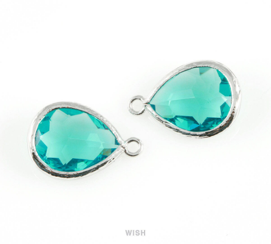 Blue Zircon Teardrop Glass Charm in Rhodium, Framed Drop Glass Gem / GBZRH-005-P