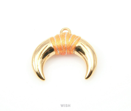 Metal Horn Pendant in Gold with Orange Strap, 16k Gold Bull's Horn Charm/ MORG-004-P (Large)