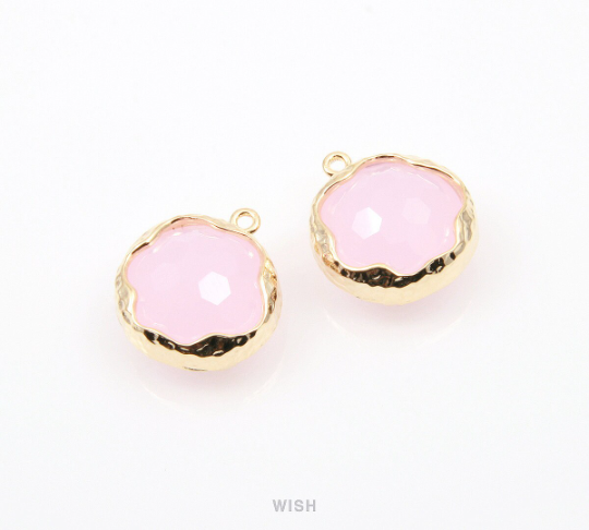 Rose Quartz Faceted Glass Charms in Gold, Framed Round Pendant / GRQG-090-P (Small)