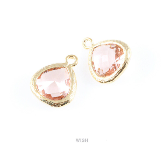 Peach Faceted Glass Charm in Gold, Framed Glass Gem / GPCG-003-P (Small)