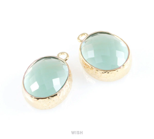 Erinite Faceted Glass Charms in Gold, Framed Oval Pendant / GERG-009-P