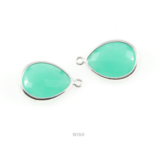 Mint Teardrop Glass Charm in Rhodium, Framed Drop Glass Gem / GMTRH-016-P