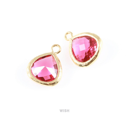 Ruby Faceted Glass Charm in Gold, Framed Drop Glass Bead / GRBG-003-P (Small)