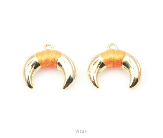 Metal Horn Pendant in Gold with Orange Strap, 16k Gold Bull's Horn Charm/ MORG-003-P (Small)