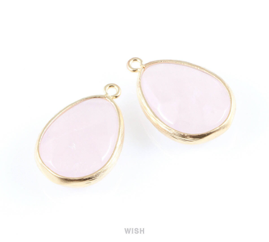 Rose Quartz Synthetic Stone Charms in Matte Gold, Framed Teardrop Pendant / SRQMG-010-P