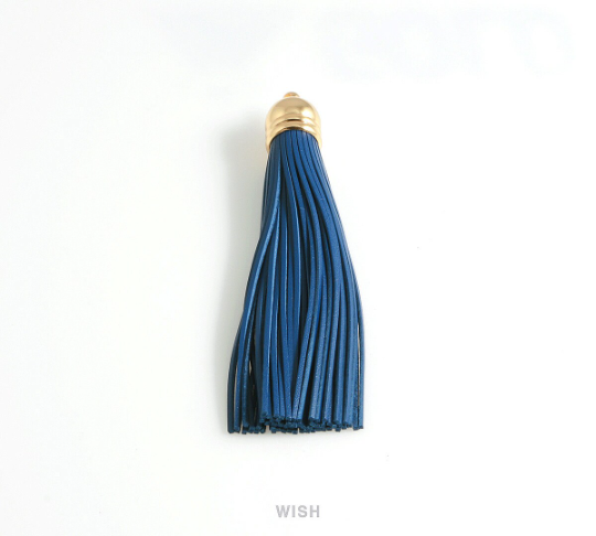 Navy Leather Tassel with Bell Cap in Gold, Navy Cowhide Tassel / LNVG-006-T (1 piece)