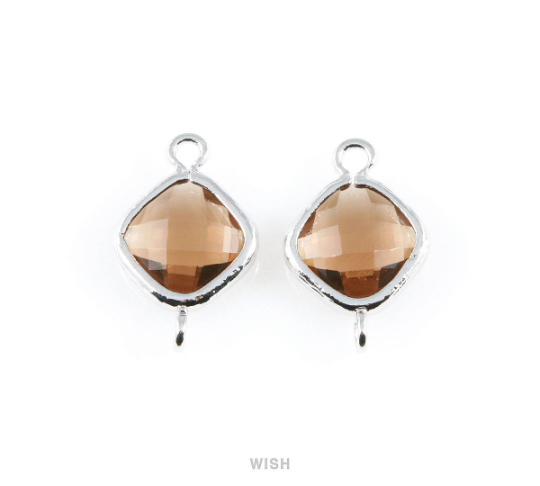Smoky Quartz Rhombus Glass Connector in Rhodium, Framed Rhombus Connector / GSQRH-021-P