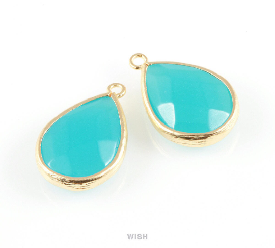 Ocean Blue Faceted Synthetic Stone Charms in Matte Gold, Framed Teardrop Pendant / SOBMG-010-P