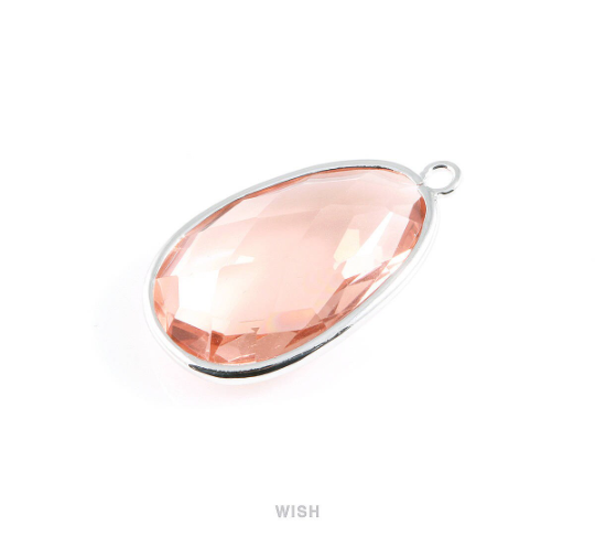 Peach Oval Glass Charm in Rhodium, Glass Framed Pendant / GPCRH-045-P