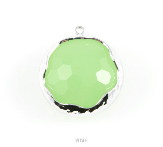 1 piece of Light Mint Faceted Glass Charms in Rhodium, Framed Round Pendant / GLMRH-011-P