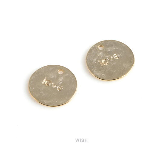 Love Engraving on Hammered Disc Pendants in Matte Gold, Love Hammered Coin Charm / MMG-533-P