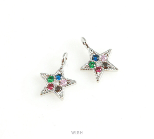 Silver Star with Birthstone Pendant, Multi Color Star Charm  / MRH-409-P