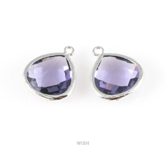 Amethyst Faceted Glass Charm in Rhodium, Framed Drop Glass Bead / GTZRH-001-P (Large)