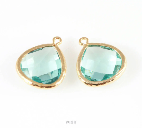Aquamarine Faceted Glass Charm in Gold, Framed Drop Glass Bead / GAQG-001-P (Large)