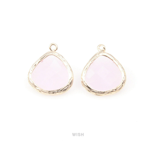 Rose Quartz Faceted Glass Drop Charm in Gold, Rose Quartz Charms / GRQG-036-P