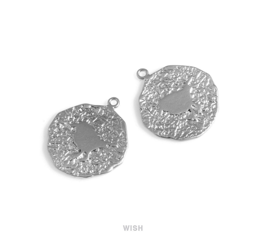 Bird on Rough Coin Pendants in Matte Rhodium, Bird on Rough Coin Charms / MMRH-710-P