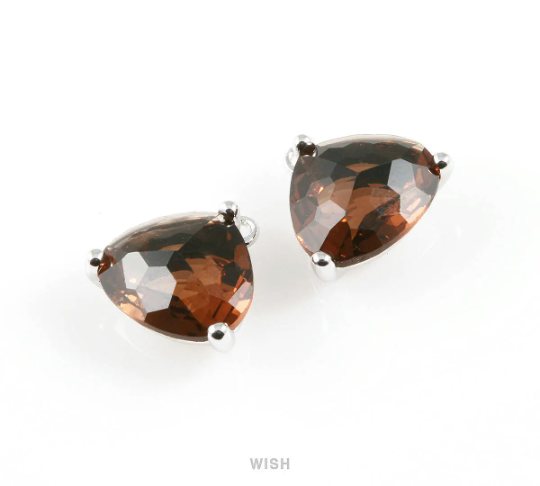 Smoky Quartz Pear Shape Glass Charm in Rhodium, Framed Pendant / GSQRH-042-P