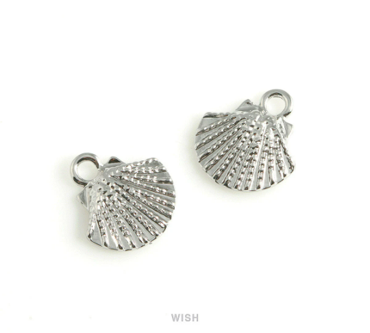 Scallop Seashell Pendant in Rhodium, Seashell Charm /MRH-446-P (10pcs)