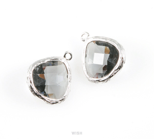 Gray Faceted Glass Charm in Rhodium, Framed Pendant / GGYRH-036-P
