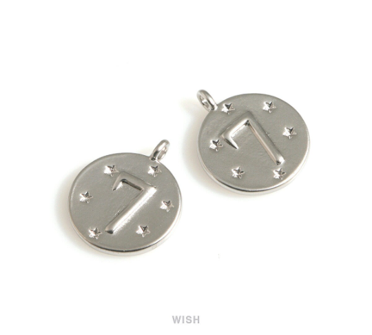 Lucky Seven on Coin Pendants in Matte Rhodium, Lucky Seven Coin Charms / MMRH-697-P
