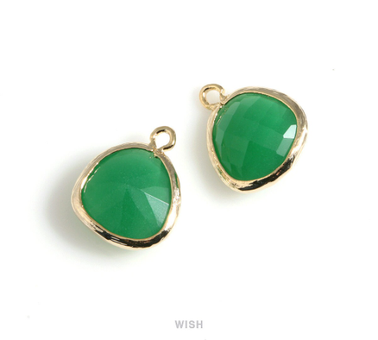 Palace Green Framed Glass Charm in Gold, Framed Drop Glass Pendant / GPGG-004-P